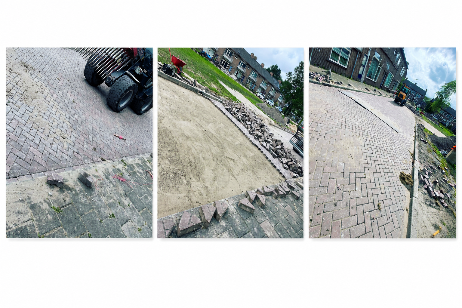 Verschillende fasen van een straatwerkproject: van machinaal aanbrengen van klinkers tot zandbed en uitvoering