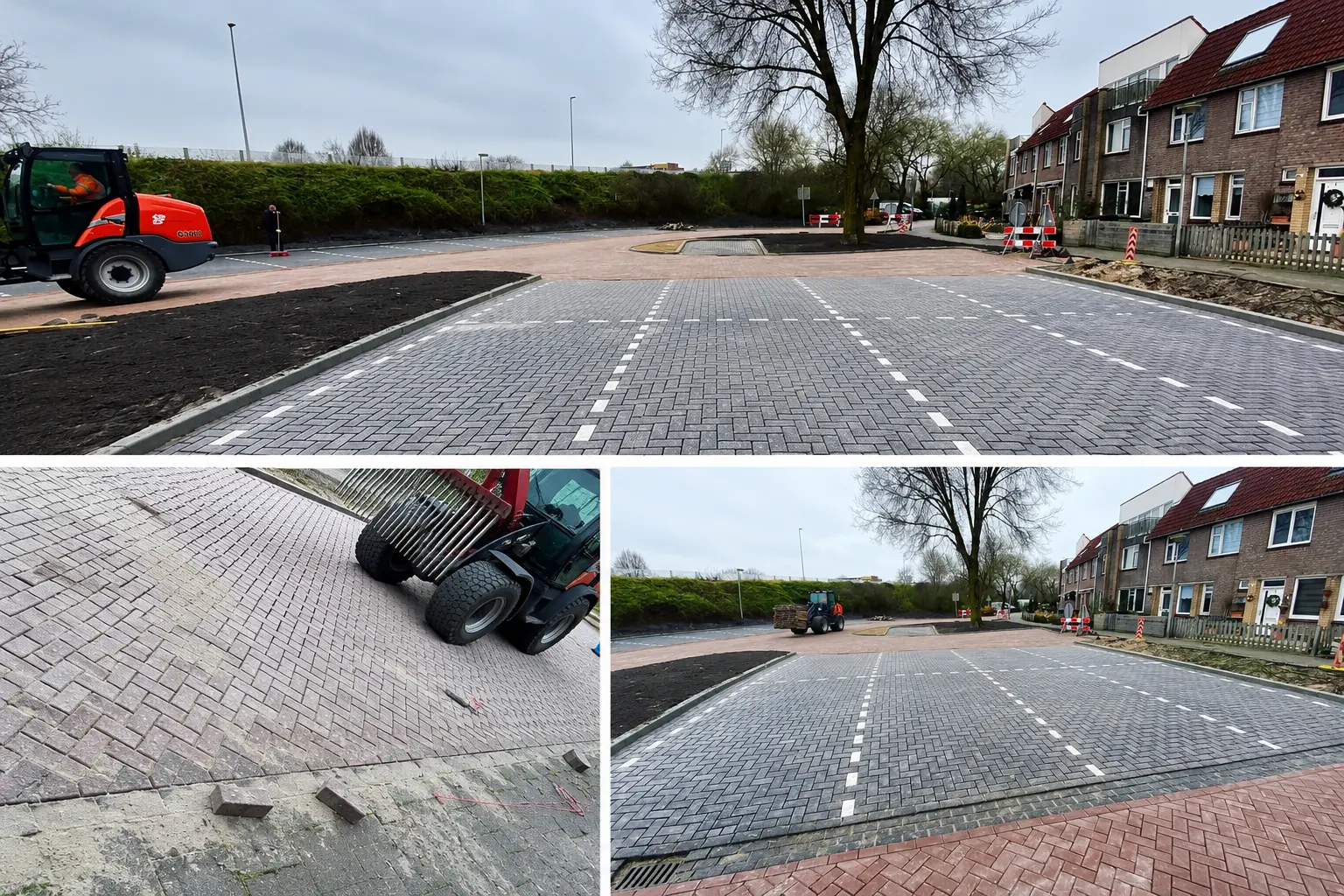 Afgerond straatwerk met strakke klinkerbestrating, strepen en een rode loader op de achtergrond